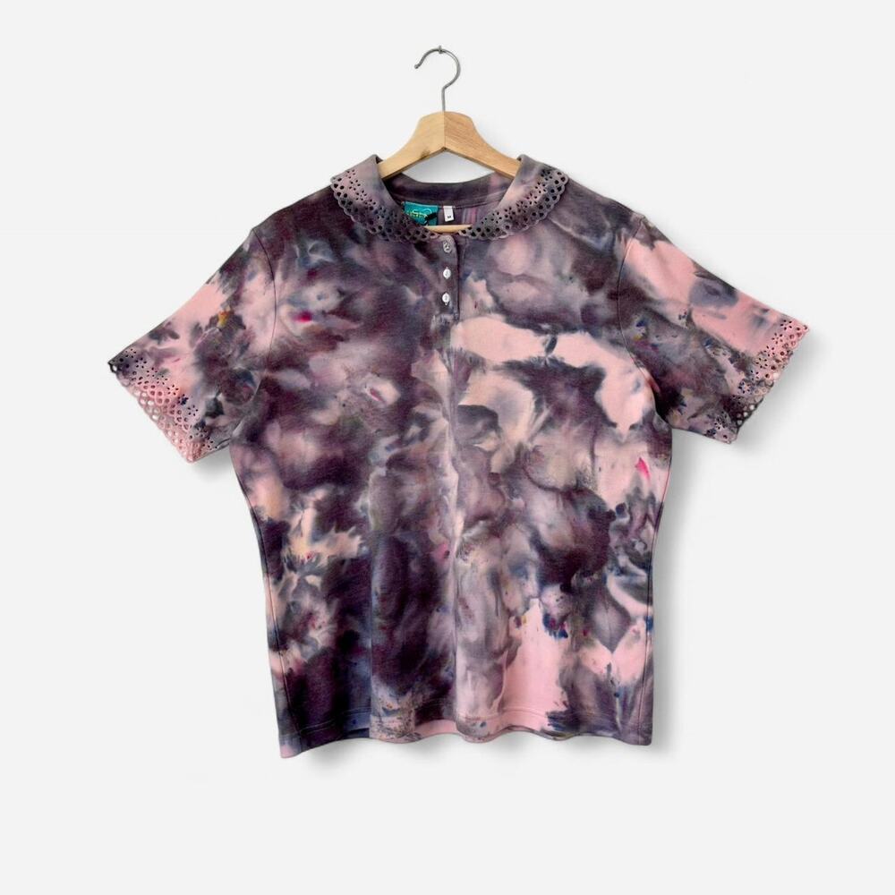 $148 Handmade Upcycled OOAK Hand Dyed Pink Polo w/ Peter Pan Collar- Medium, NWT